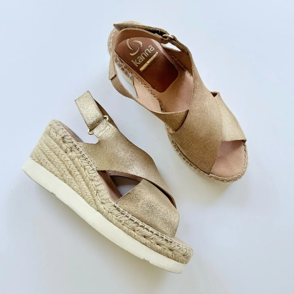 Kanna Gold Metallic Nubuck Suede Crossover Platform Wedge Espadrille Sandal 8